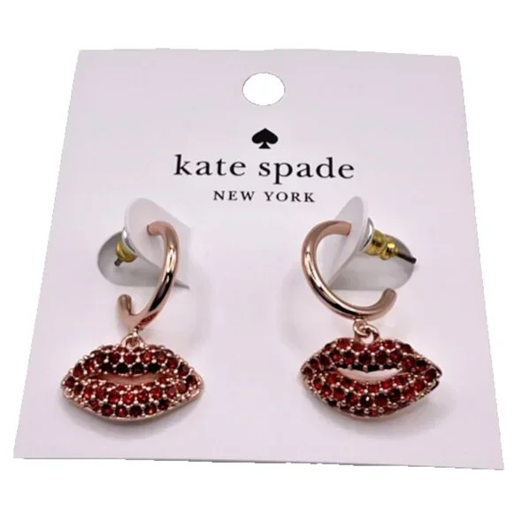 Kate Spade Kiss Kiss Pavé Lips Huggie Earrings in Rose Gold Red Jewelry Gift NEW - Picture 5 of 6